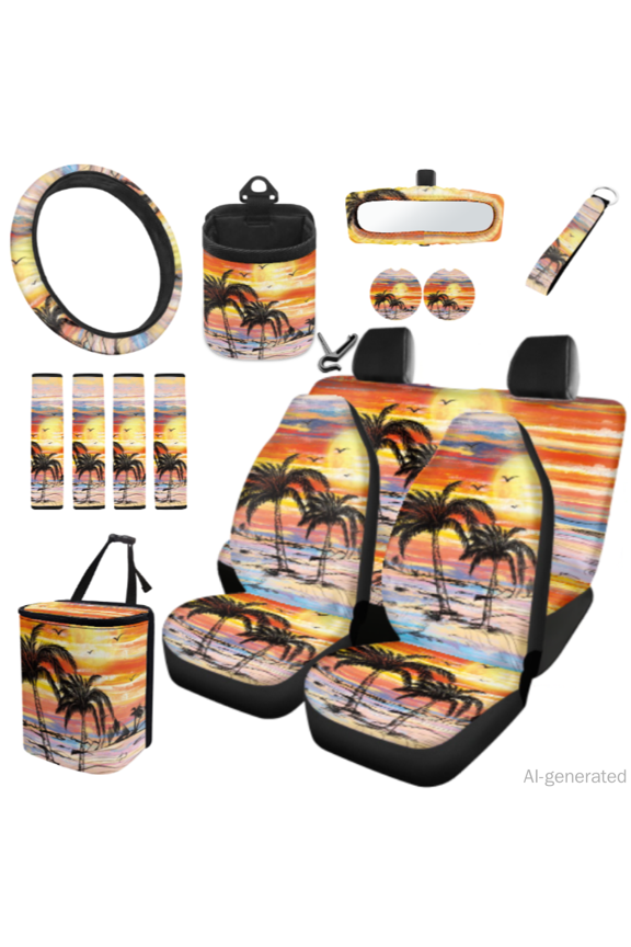15 PCS Car Seat Cover Protector Set, with Hanging Car Seat Belt Pads Cover, Sunset Palm Print Car Cup Holder Coaster Suitable for Auto