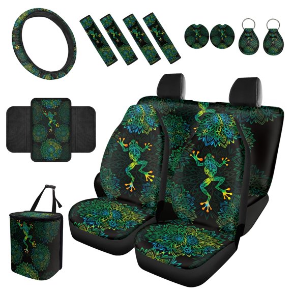 Eheartsgir 15 PCS Mandala Frog Car Seat Protector Kit, Soft Front Rear Seat Covers, Steering Wheel Cover, Seat Belt Pads, Cup Coasters, Suitable for SUV Truck Daily Use