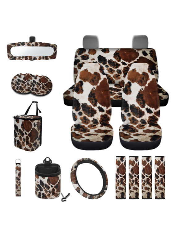 15 Piece Leopard Car Seat Cover Protector Set, Hanging Car Front and Back Seat Cover Keychain Holder Seat Belt Shoulder Pad, Suitable for Farm Van