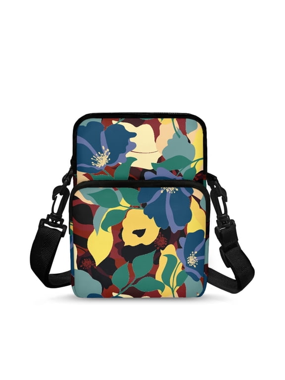 Abstract Floral Cross Body Bags, Two Zippers Crossbody Purse for Travel, Lightweight Stretch Polyester with Compartments Cellphone Handbag
