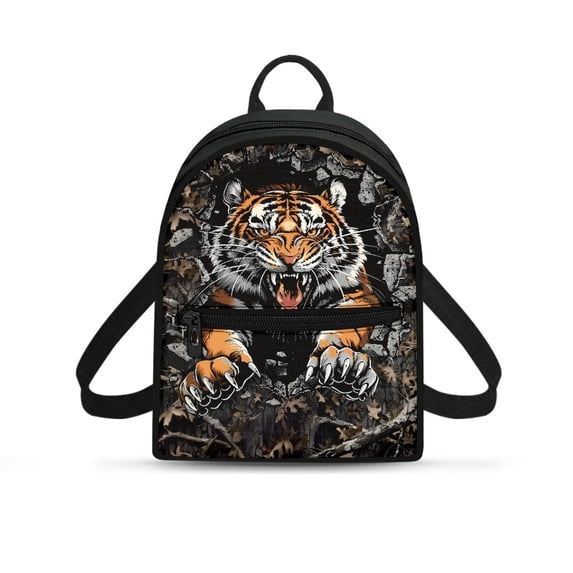 Eheartsgir Angry Tiger Camo Pattern Mini Backpack with Adjustable Strap Water-Resistant Small Backpack for Gym, Polyester Mini Polyester Backpacks for Travel
