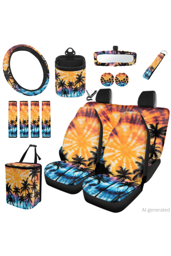 Auto Seat Covers Full Set, with Car Steering Wheel Cover Car Rear View Mirror Cover Key Pendant, Set of 15 Tropical Sunset Design Car Seat Covers Set