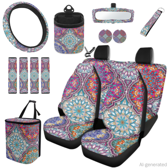 Eheartsgir Auto Seat Covers Full Set, with Car Steering Wheel Cover Car Rear View Mirror Cover Keychain, 15 Pack Mandala Flower Car Seat Cover Full Set