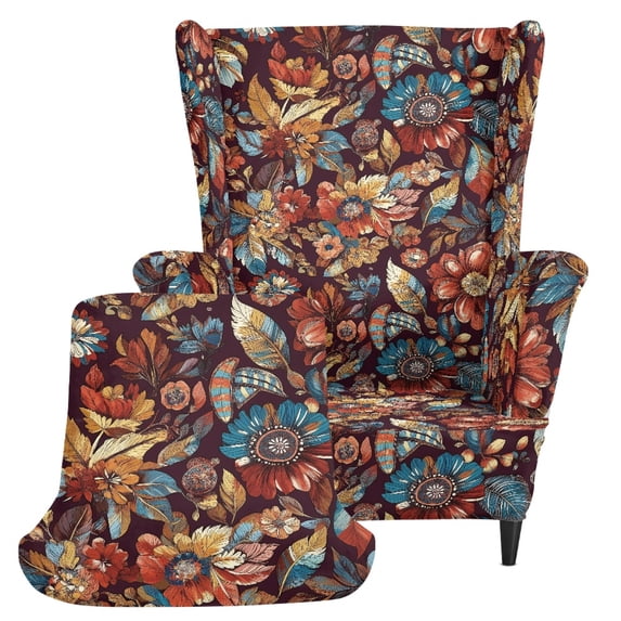 Eheartsgir Autumn Floral Leaf Wingback Armchair Covers 2 Piece Set, Wing Back Couch Covers for Living Room, Stretch Polyester Fabric Removable Elastic Cover for Home with Pets