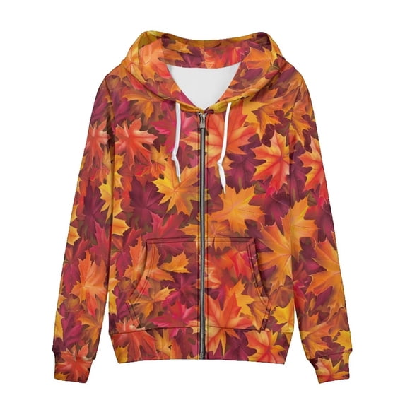 Eheartsgir Autumn Sweatshirt Maple Leaves Zip Up Hoodie with Pocket Womens Hoodies for Fall Spring Streetwear Long Sleeve Tops for Autumn Winter