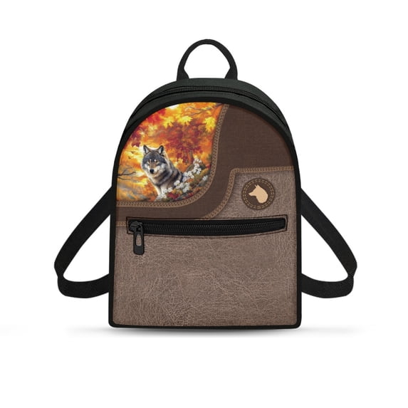 Eheartsgir Autumn Wolf Mini Backpack with Zipper Lightweight Small Backpack for Travel, Polyester Travel Shoulder Bags for Gym