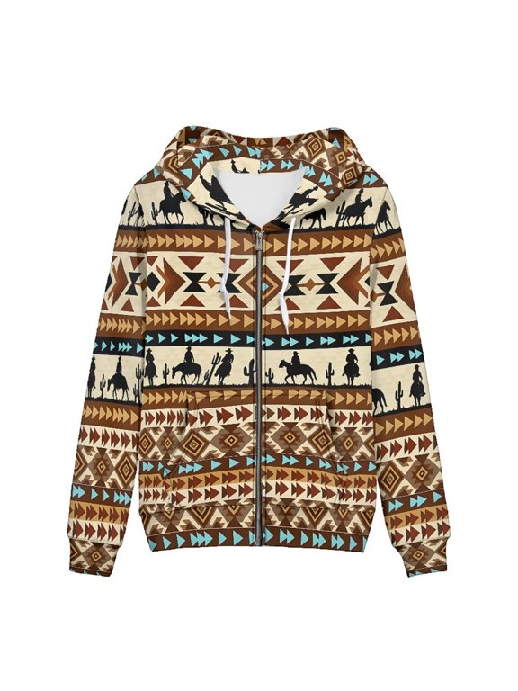 Aztec Cowboy Zip-up Hoodie for Women Plus Size Western Stripe Sweatshirts Outfits Hooded Pullover with Big Pockets Long Sleeve Aesthetic Activewear Jacket
