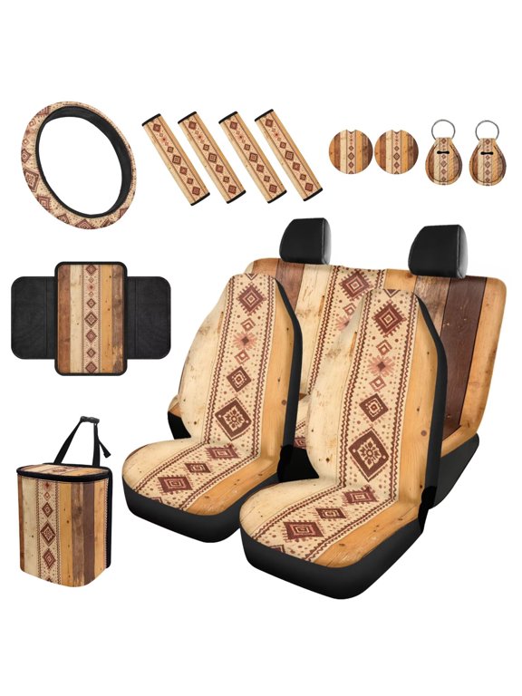 Aztec Wood Car Seat Cover Sets for Women Retro Auto Steering Wheel Cover Seatbelt Pads+Cup Coasters+Trash Can Universal Fit Car Interior Set