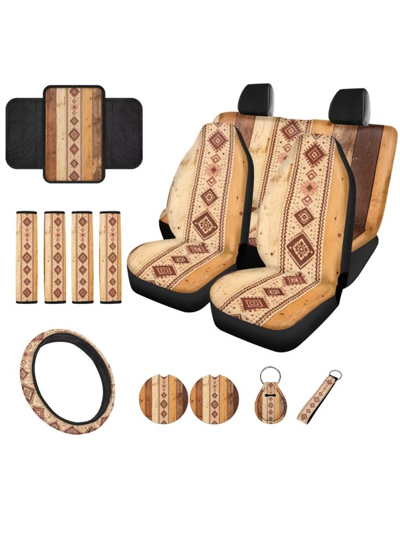 Aztec Wood Car Seat Cover Sets for Women Retro Auto Steering Wheel Cover Seatbelt Pads+Cup Coasters+Universal Fit Car Interior Set