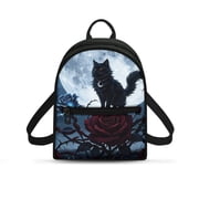 Eheartsgir Black Cat Moon Rose Small Backpack, Lightweight Mini Rucksack with Zipper Closure, Travel Shoulder Bag for Women Daily Shopping