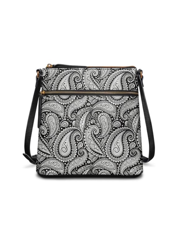 Black White Paisley Ladies Single Shoulder Bag, Fashion Crossbody Purse Durable Adjustable Strap Ladies’ Leather Crossbody Shoulder Bag for Everyday Outdoor Activities