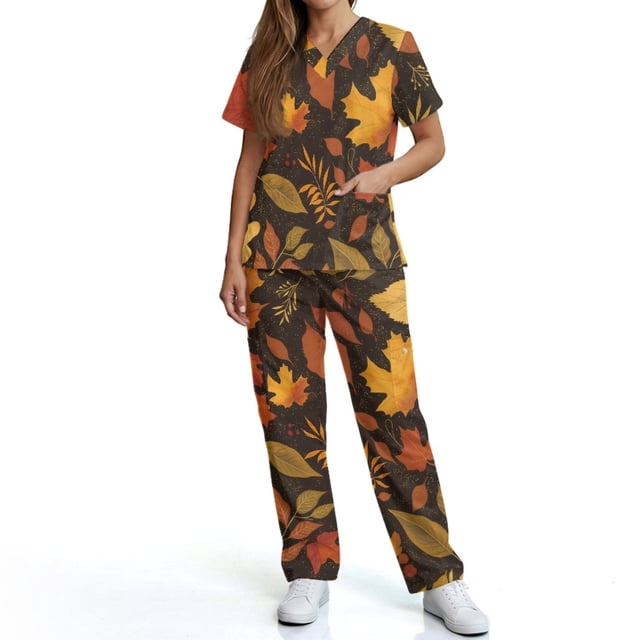 Eheartsgir Brown Maple Leaf V-Neck Medical Scrubs Set for Women ...