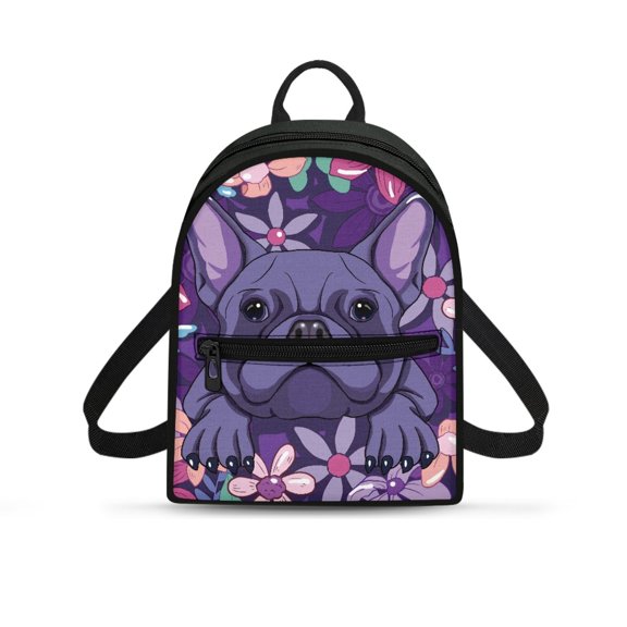 Eheartsgir Bulldog Floral Small Backpack for Library Hiking, Zipper Closure Fashion Rucksack Travel Daypack Polyester Front Pocket Lightweight Mini Backpack for Women