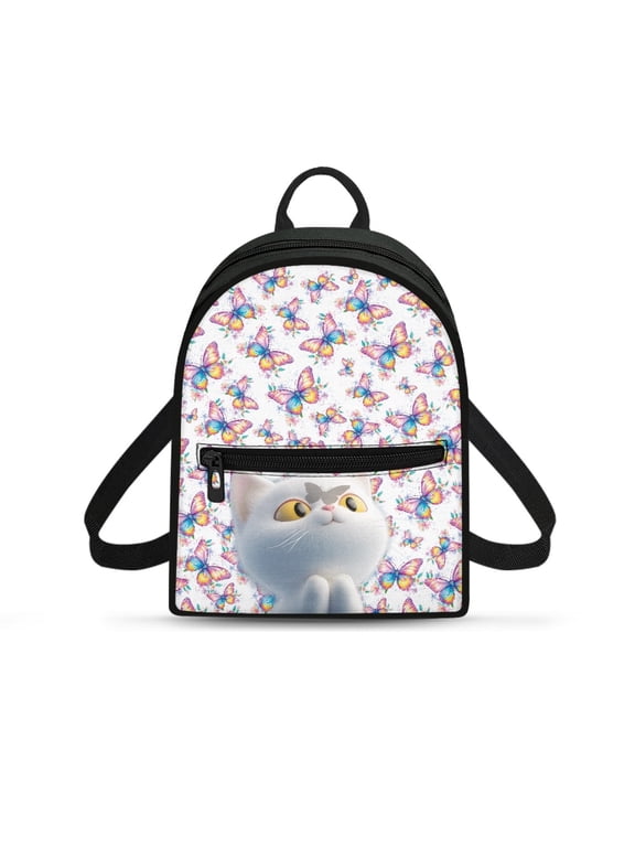 Butterfly and Cat Pattern Small Backpack, Zipper Polyester Mini Backpack for Travel Gym, Adjustable Strap Travel Shoulder Bags