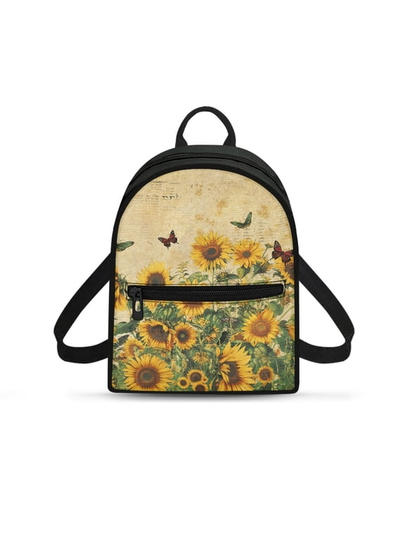 Butterfly and Sunflower Pattern Water-Resistant Mini Backpack, Front Pocket Travel Daypack with Zipper Closure for Shopping Work