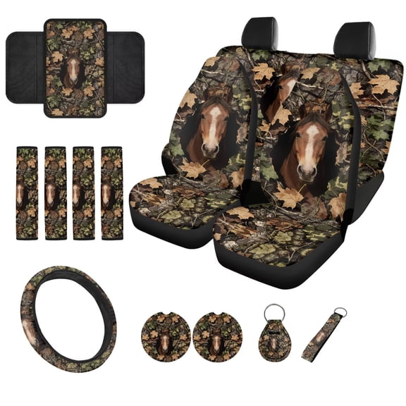 Eheartsgir Camo Hunting Car Seat Cover Set - 14 Pcs Horse Leaf Print Auto Interior Accessories for Women Steering Wheel Cover,Shoulder Pads,Coasters,Armrest Covers