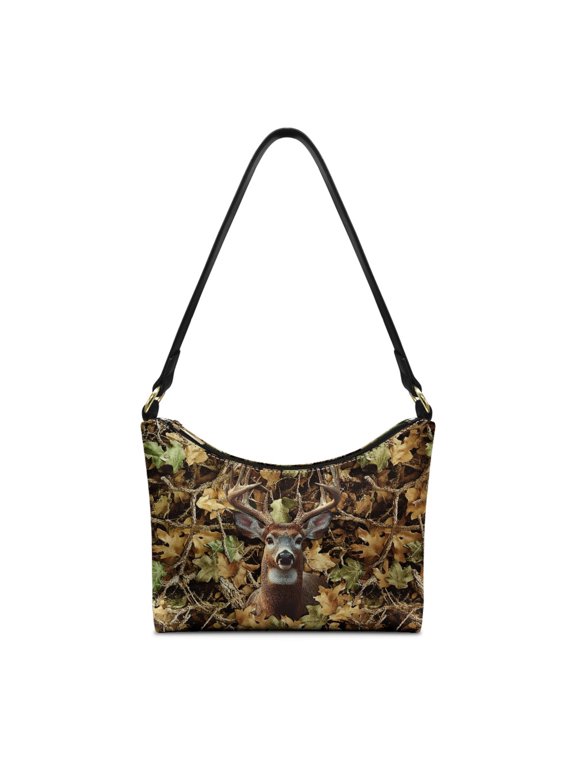 Camouflage Buck Deer Print Crescent Shoulder Handbag, Lightweight Underarm Sling Bag for Women PU Leather Zipper Closure Hobo Purse for Shopping Travel
