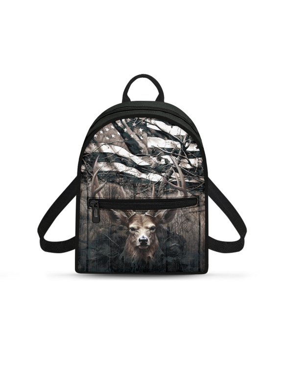 Camouflage Deer Flag Print Travel Backpack Lightweight Mini Backpack for Outdoor Hiking, Polyester Front Pocket Casual Back Pack