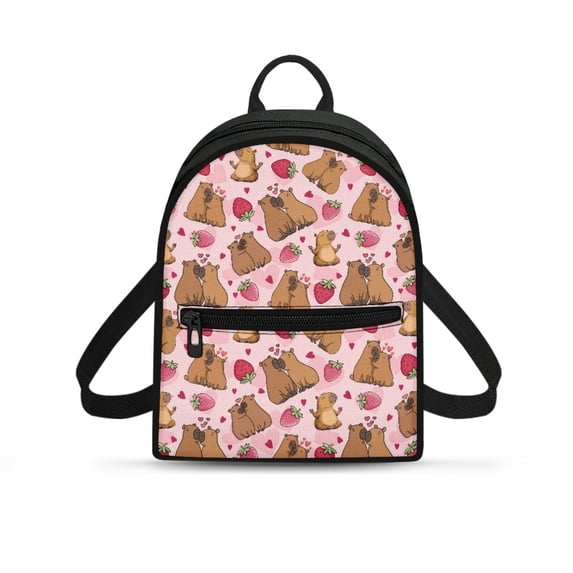 Eheartsgir Capybara Strawberry Pattern Mini Backpack, Zipper Closure Polyester Small Backpack for Shopping Walking, Lightweight Travel Rucksack
