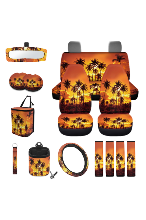 Car Seat Protector Kit, with Car Garbage Bag Side Mirror Protector Key Pendant, Tropical Sunset Palm Dust-Proof Car Seat Cover Protector Set