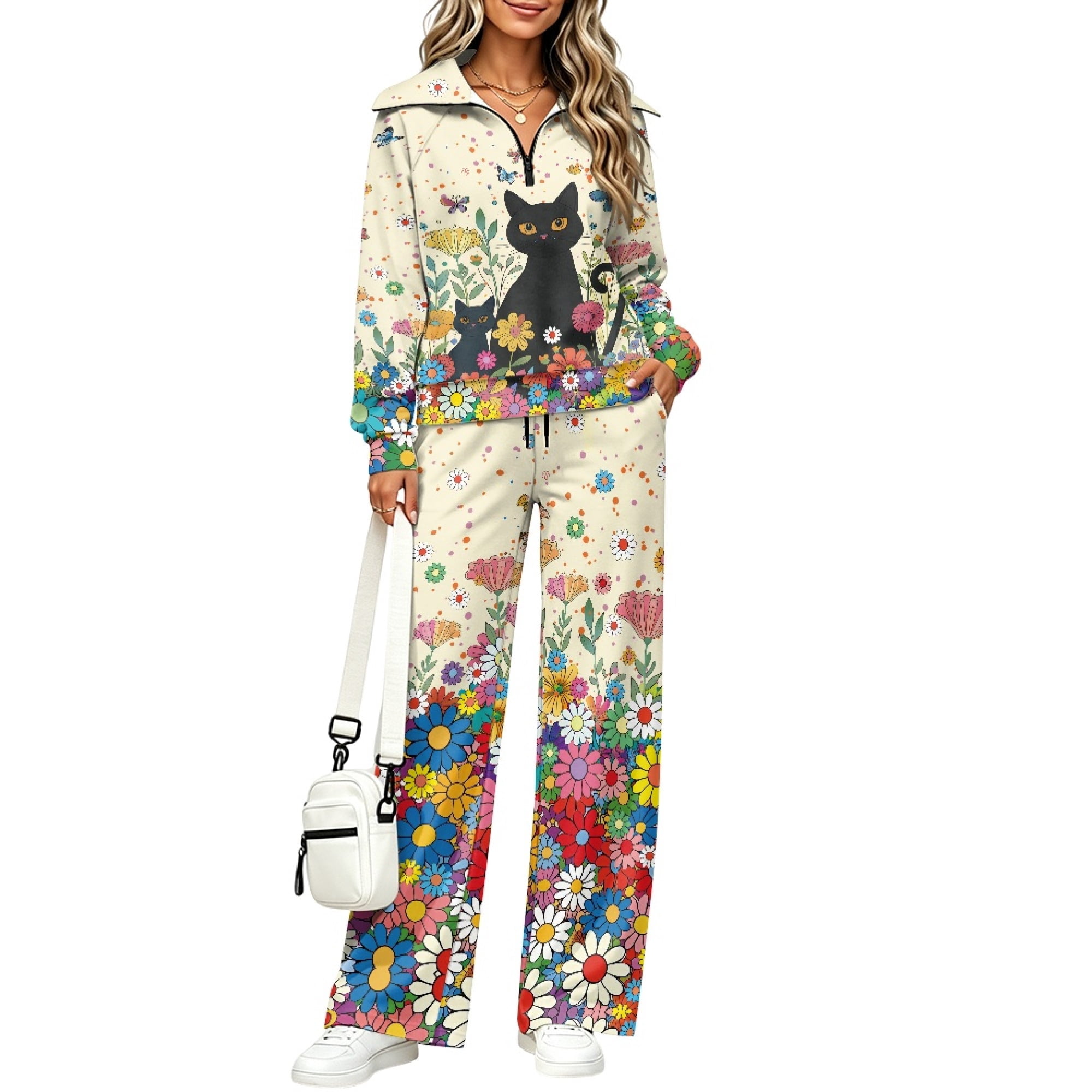 Eheartsgir Cat and Floral Pattern Lounge Sets, Tracksuits Lapel Airport ...