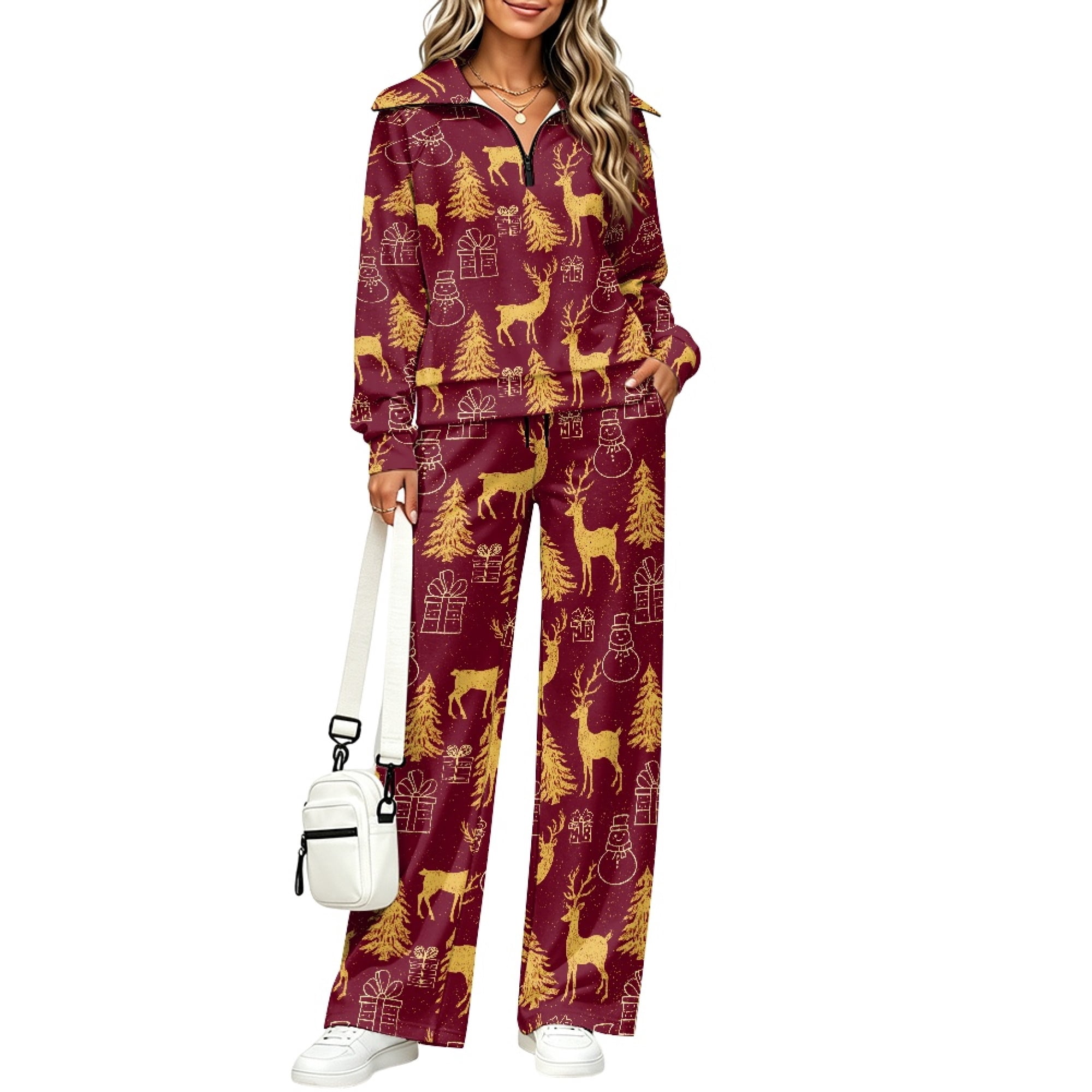 Eheartsgir Christmas Deer Pattern Sweatsuits, Half Zip Lounge Set Stand ...