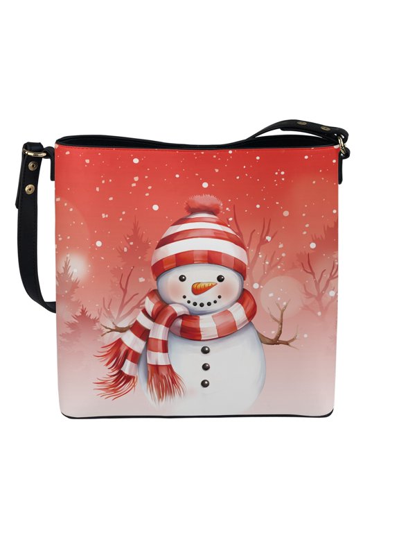 Christmas Hobo Satchel Purse Featuring Snowman Pattern, Roomy Lightweight PU Crossbody Bag for Women for Work and Travel