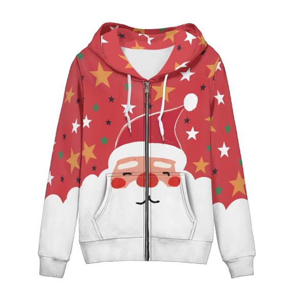 Eheartsgir Christmas Santa Claus Stars Womens Zip up Hoodies Sweatshirt Plus Size Lightweight Jacket with Kangaroo Pocket Long Sleeve Sport Streetwear for Lady