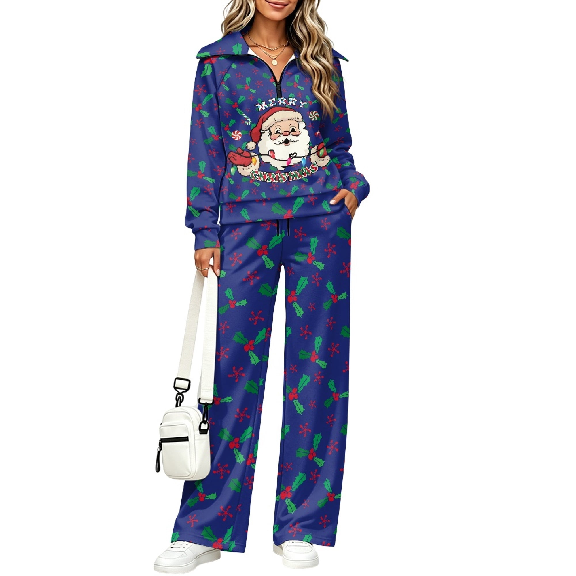 Eheartsgir Christmas Santa Pattern Sweatsuits, Half Zip Zip Up Lounge ...
