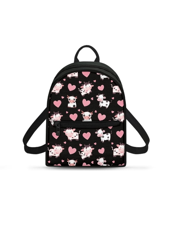 Cow Pink Heart Print Zipper Closure Casual Daypack, Lots of Pockets Mini Travel Backpacks with Lightweight for Vacation Work