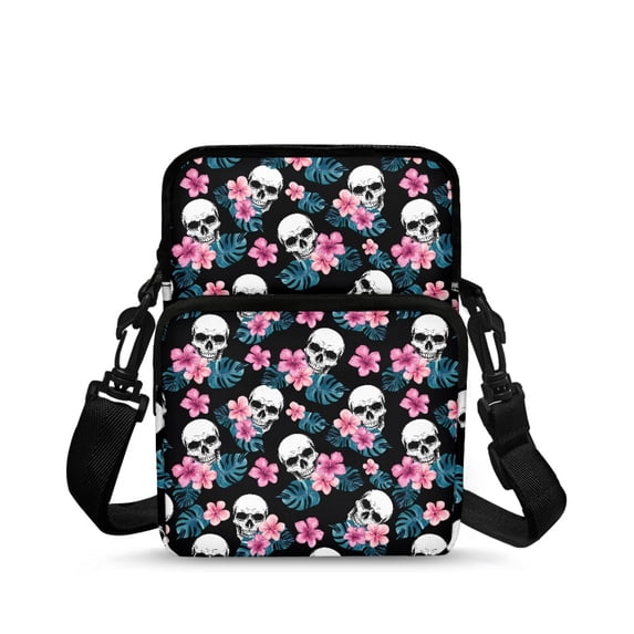 Eheartsgir Crossbody Bags for Running, Zipper Lightweight Shoulder Bag for Women Skull Tropical Floral Print Crossbody Coin Case