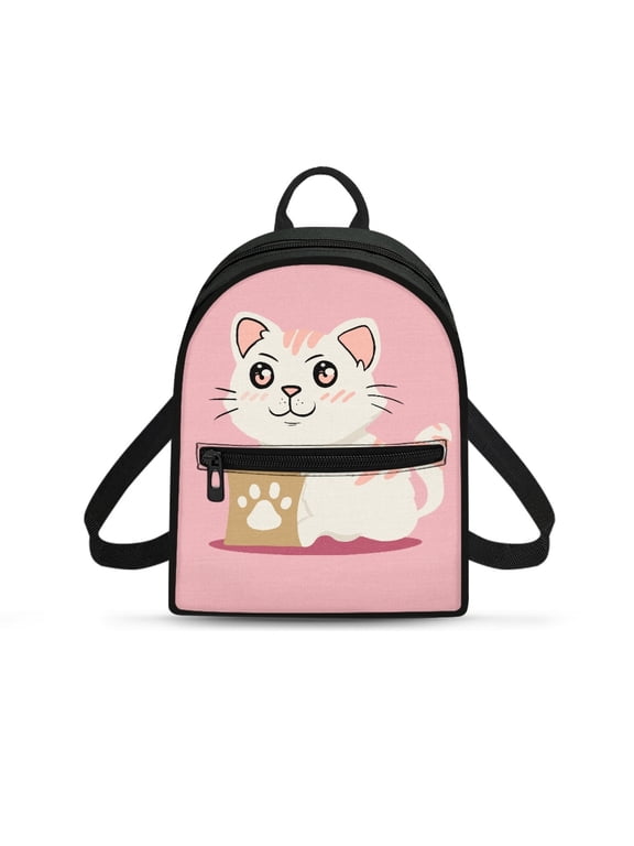 Cute Pink Cat Small Travel Backpack Zipper Closure Mini Backpack, Polyester Zipper Pocket Mini Back Pack for Work Dating Hiking