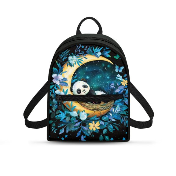 Eheartsgir Cute Sleeping Panda Moon Print Rucksack, Adjustable Strap Polyester Small Backpack for Work Travel, Zipper Closure Women's Travel Shoulder Bag