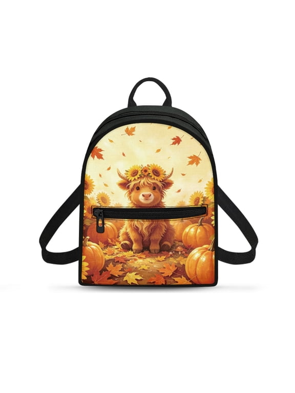 Fall Highland Cow Pattern Adjustable Small Backpack Purse, Lightweight Travel Shoulder Bag with Practical for Work Shopping