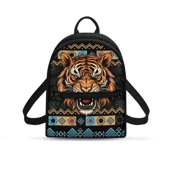 Eheartsgir Fierce Tiger Head with Tribal Geometric & Tropical Leaf Pattern Mini Backpack for Work Travel, Zipper Closure Small Purse Backpack for Women Polyester Practical Small Backpack