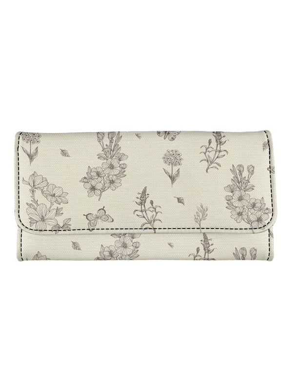 Floral Butterfly Sketch Women's Trifold Wallet for Travel, PU Leather Long Wallet with with Pocket Buckle Card Holder Money Organizer