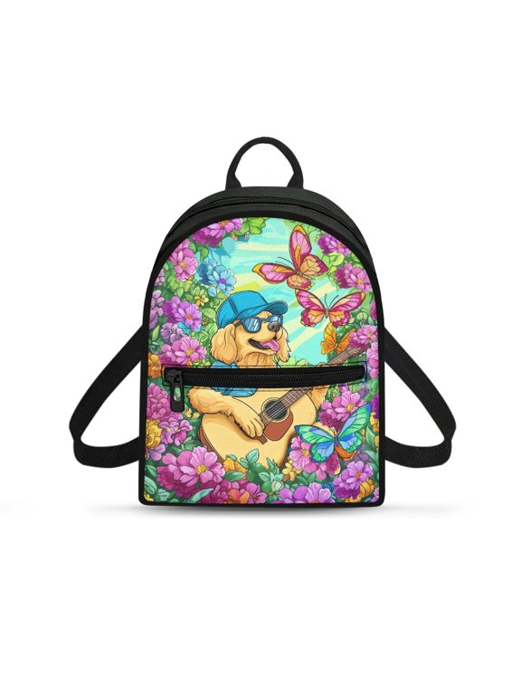 Floral Garden Dog Mini Backpack, Waterproof Polyester Mini Backpack Purse for Travel Shopping, Practical Everyday Carry Small Backpack