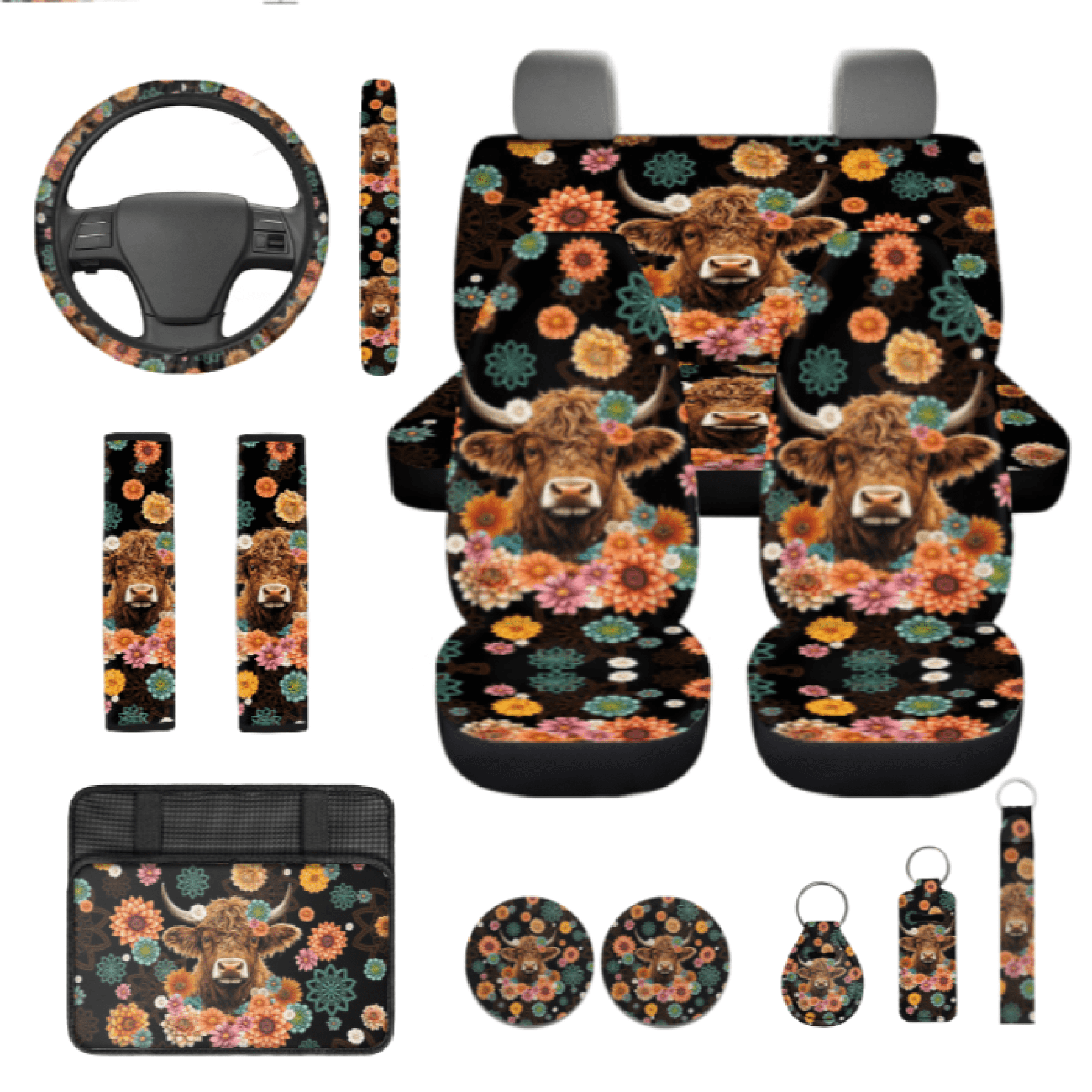 Eheartsgir Floral Highland Cow Pattern 14 PCS Car Seat Cover Set ...