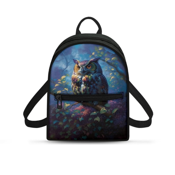 Eheartsgir Forest Owl Print Small Backpack, Mini Polyester Rucksack with Lots of Pockets, Zipper Closure for Women Hiking and Daily Travel