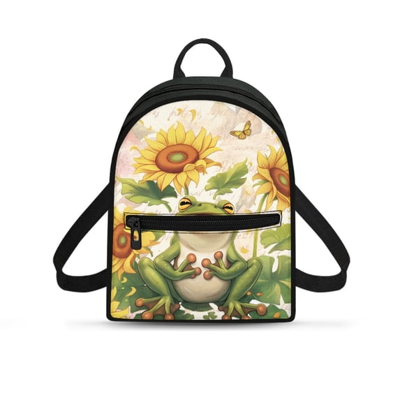 Eheartsgir Frog Sunflower Print Ladies Backpack Purse Zipper Closure Small Backpack for Travel Work, Polyester Lightweight Mini Backpack