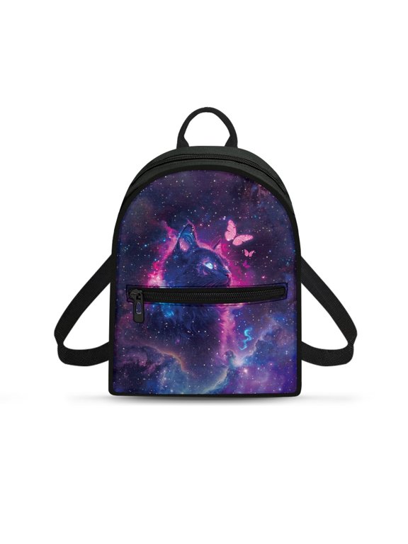 Galaxy Cat Butterfly Print Small Backpack for Hiking Travel, Lightweight Travel Shoulder Bags Polyester Waterproof Mini Backpack