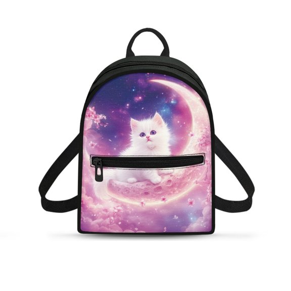 Eheartsgir Galaxy Moon & White Kitten with Cherry Blossom Pattern Lightweight Mini Backpack, Multi-Purpose Travel Shoulder Bags with Zipper Closure for Hiking Work