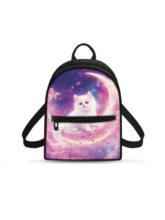 Galaxy Moon & White Kitten with Cherry Blossom Pattern Lightweight Mini Backpack, Multi-Purpose Travel Shoulder Bags with Zipper Closure for Hiking Work
