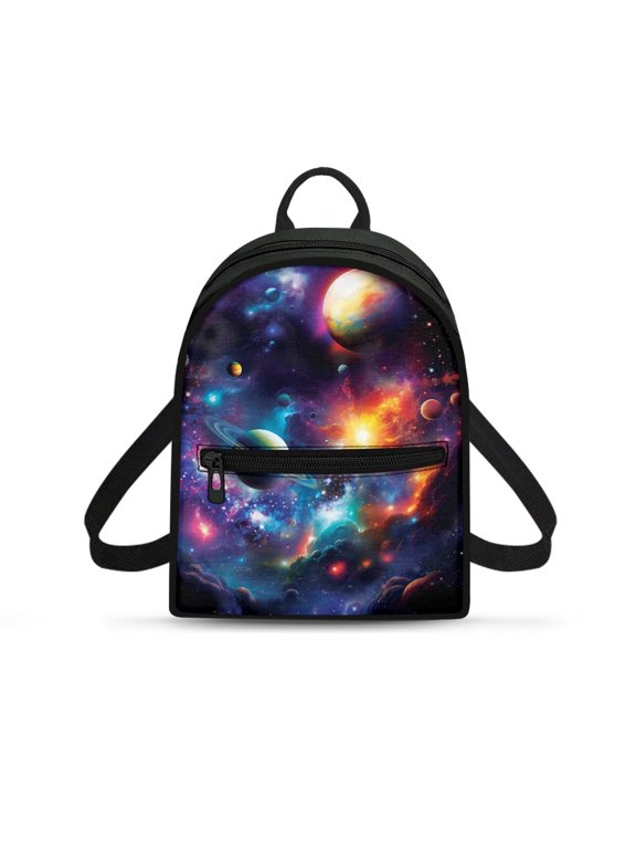Galaxy Planet Print Travel Shoulder Bag Lightweight Small Backpack for Hangouts Hiking, Polyester Zipper Closure Mini Backpack