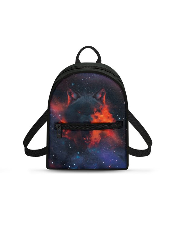 Galaxy Wolf Pattern Small Backpack with Lightweight Adjustable Strap Small Shoulder Bag for Walking, Polyester Lightweight Mini Backpack for Travel