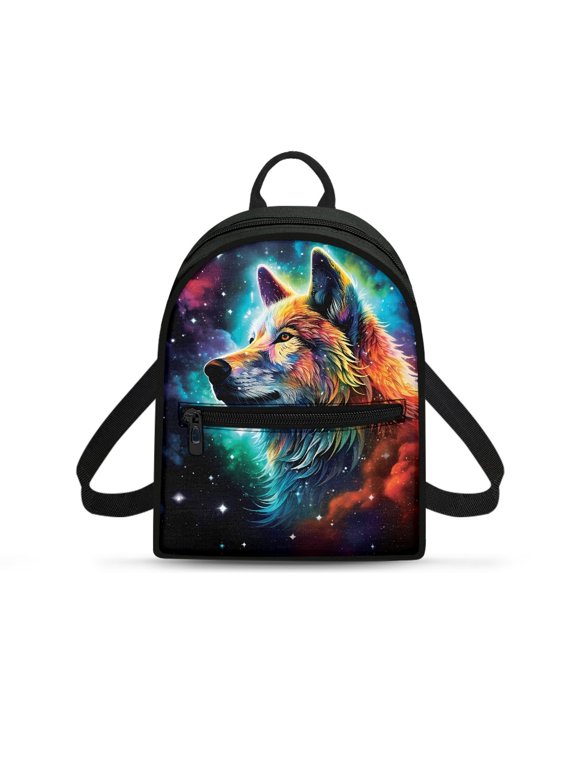 Galaxy Wolf Print Mini Backpack for daily shopping Travel, Adjustable Strap Ladies Shoulder Backpack Polyester Zipper Closure Back Pack Purse