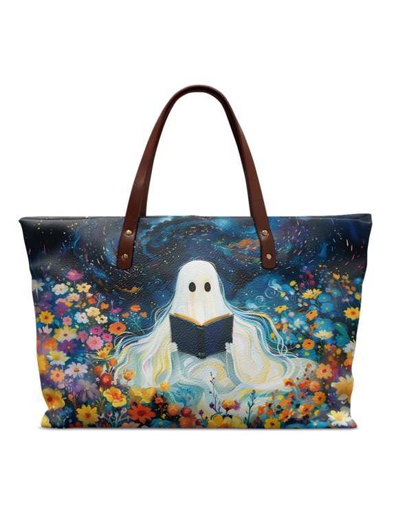 Ghost Flower Pattern Shoulder Tote Bag with with Zipper Waterproof, Casual Top Handle Bag for Shopping Business