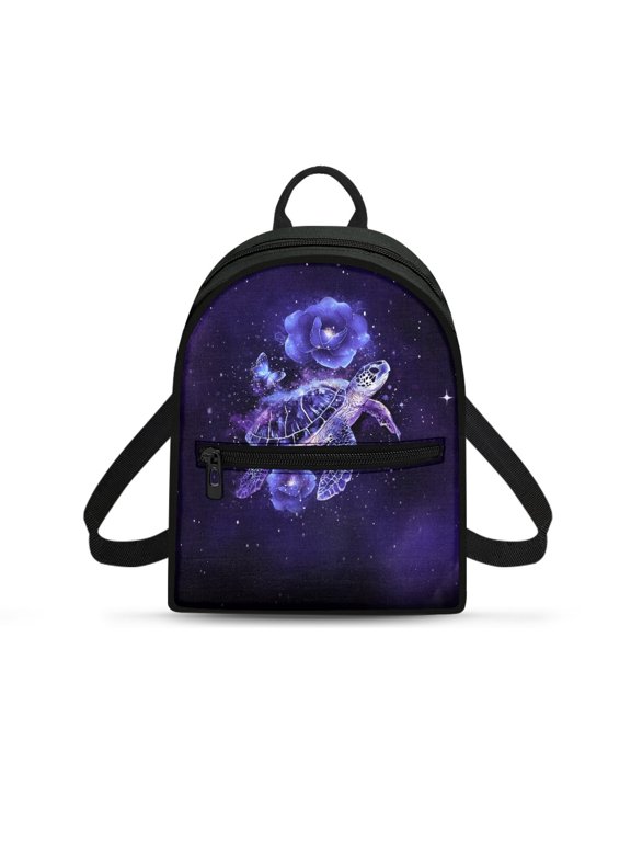 Glowing Sea Turtle & Floral Galaxy Mini Backpack, with Zipper and Handle Polyester Small Backpack for Shopping Travel, Lightweight Travel Backpack Purse