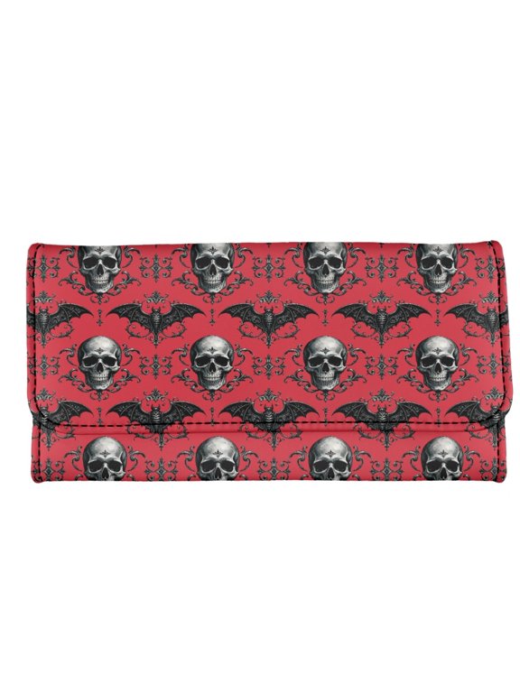 Gothic Skull Bat Pattern Holder Organizer for Travel, PU Leather Women's Trifold Wallet with Soft Buckle Long Wallet
