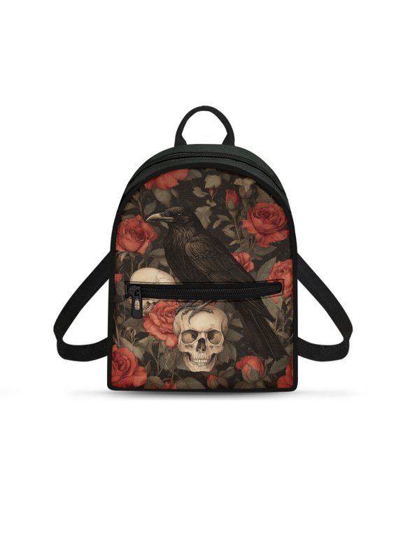 Gothic Skull Raven Rose Small Backpack for Gym Hiking, Zipper Travel Backpack Polyester Lightweight Mini Backpack